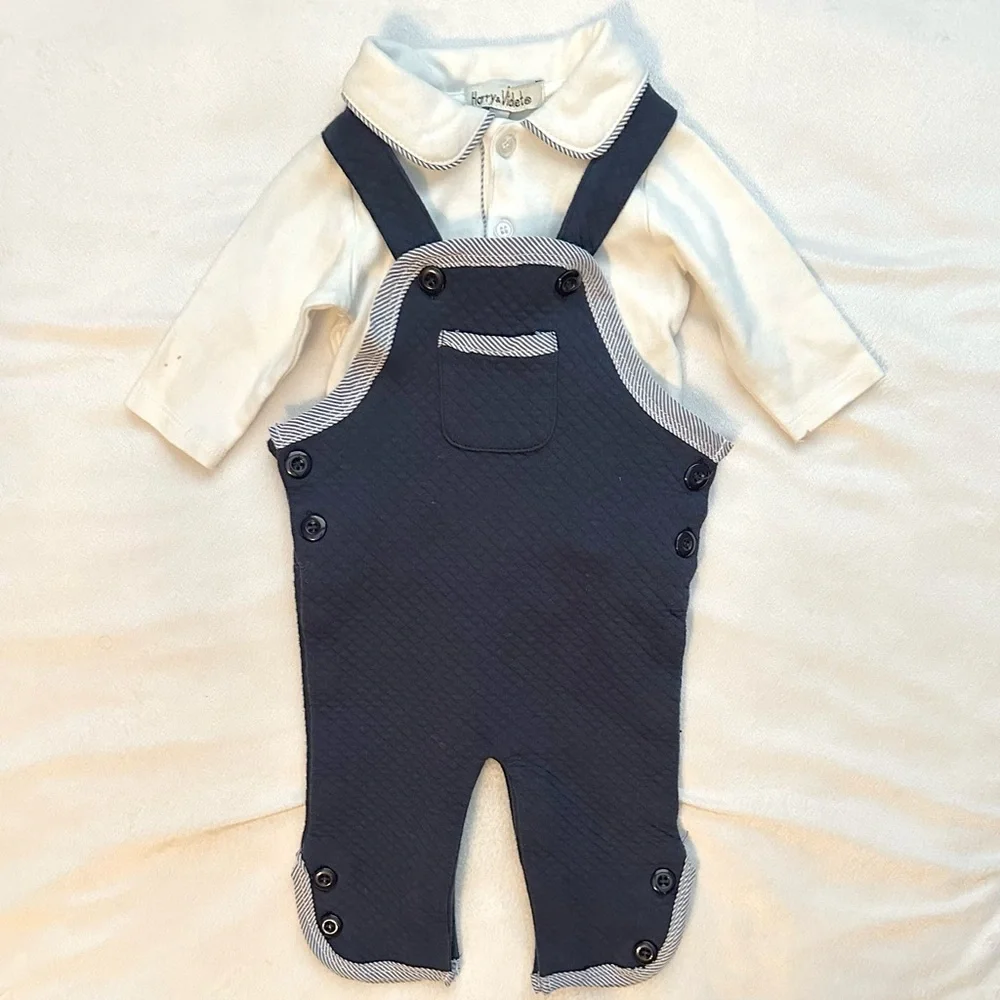 Harry & Violet 2pc Set White Bodysuit & Quilted Navy Blue Overalls Outfit 0/3M